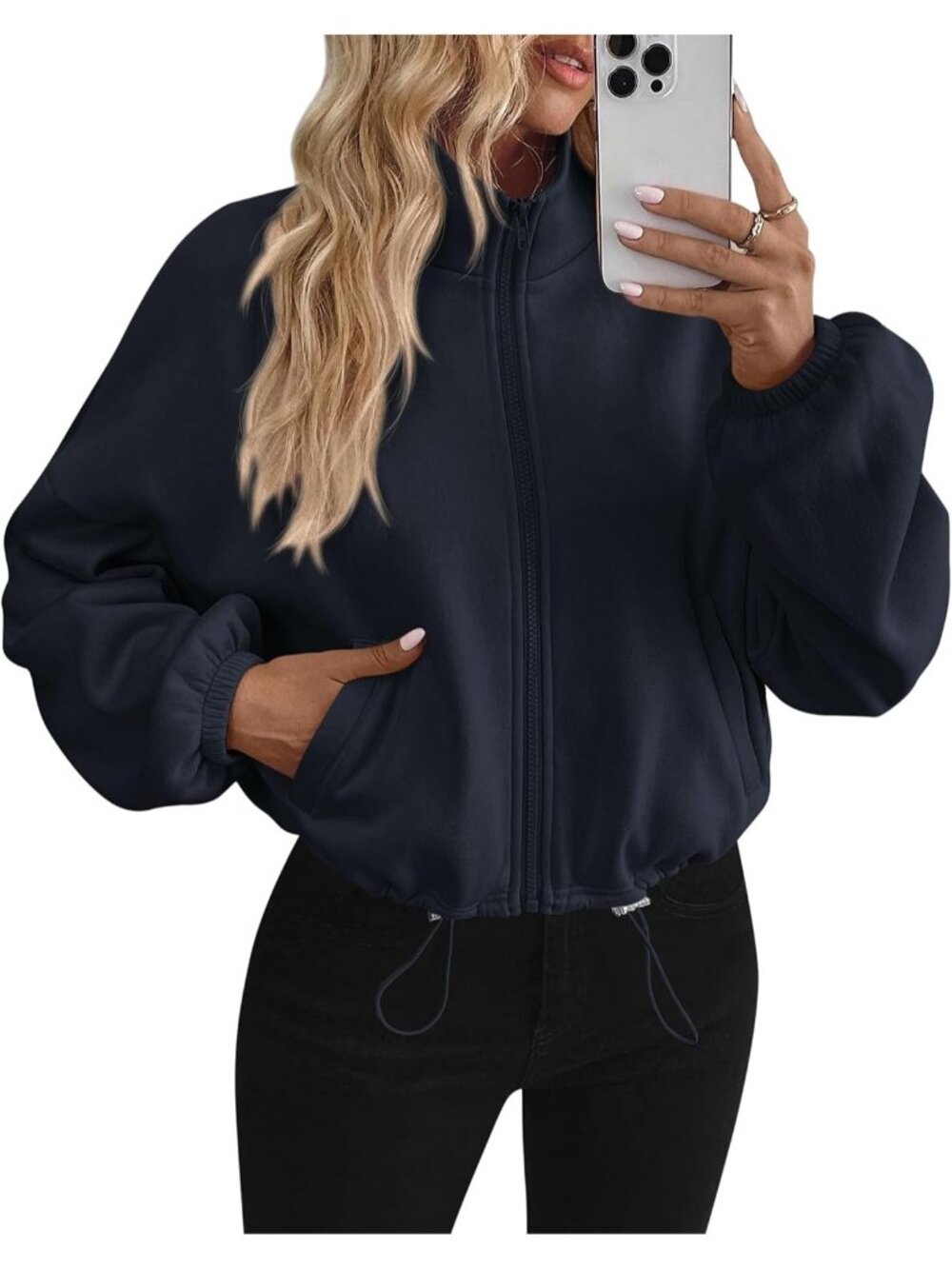 Women's Navy Long Sleeve Mock Neck ZIP Up Cropped Jacket Fleece Sweatshirt
